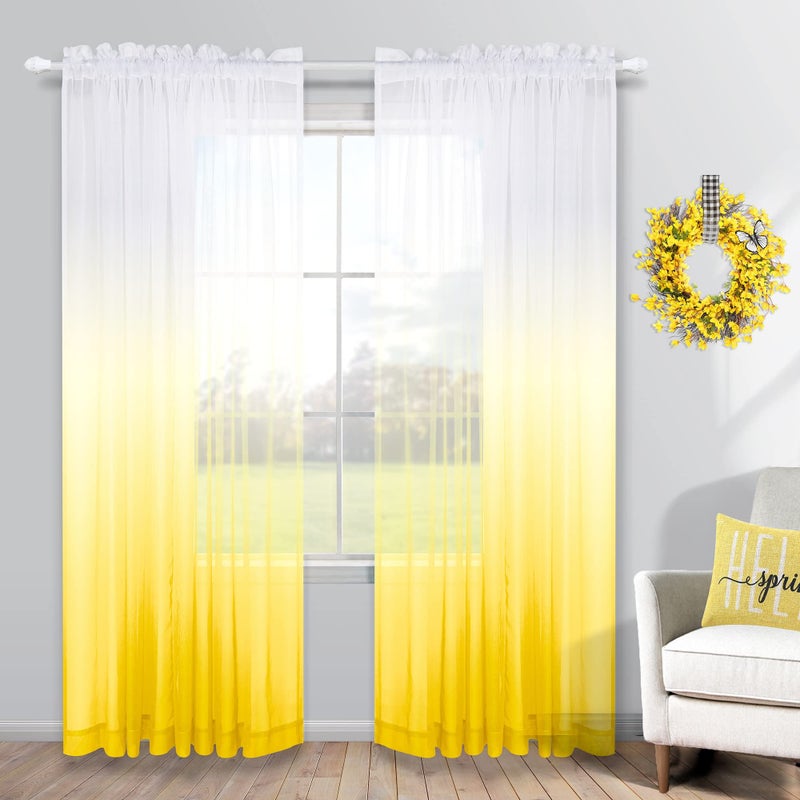 KOUFALL Spring Yellow Sheer Curtains 84 Inches Long, Bright Yellow and White Summer Curtains for Living Room, 2 Panel Set, Lemon Yellow - Image 1